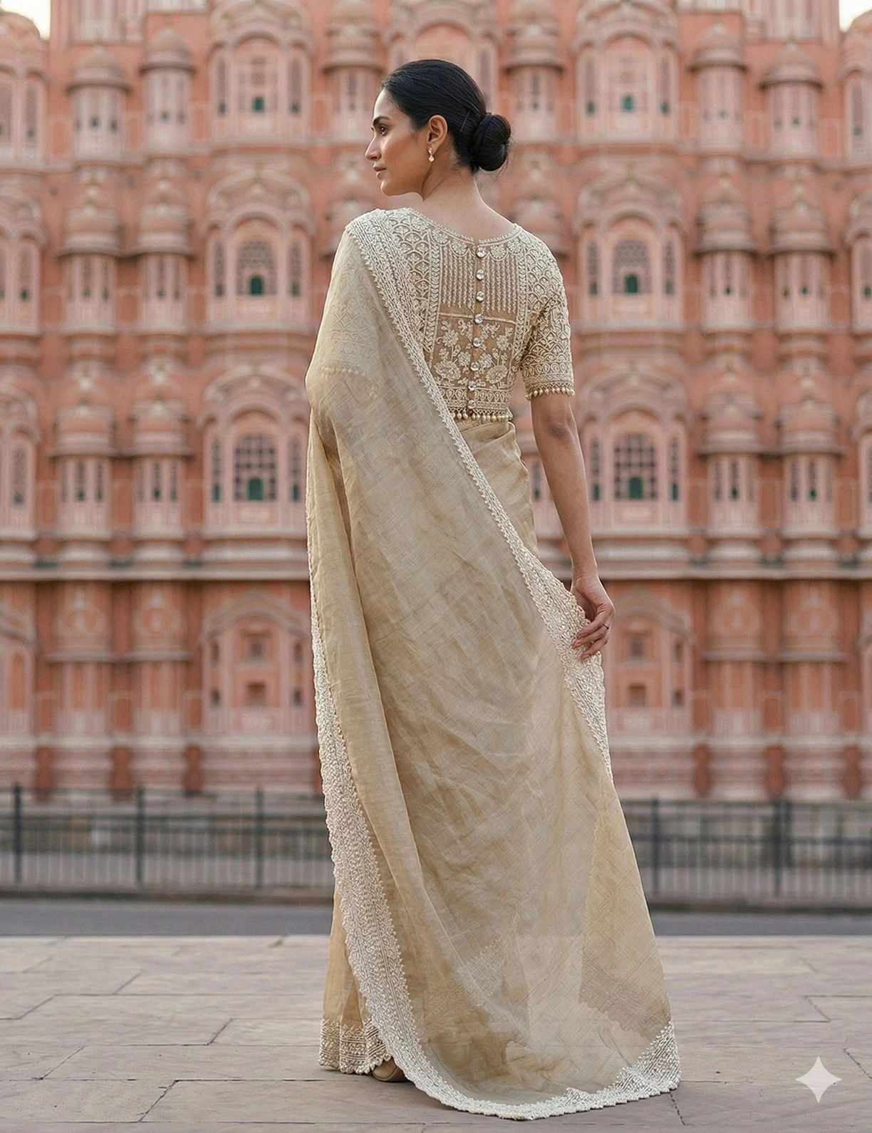 Elegant Champagne Gold Tissue Silk Saree with Delicate Lace Border — Gold
