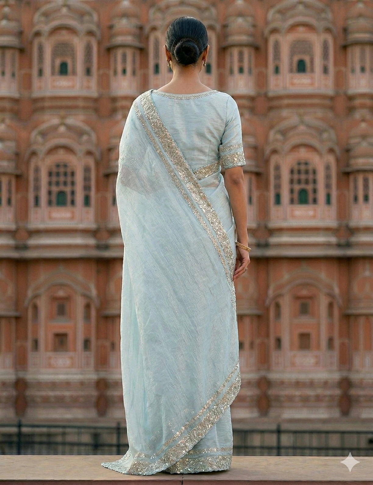 Elegant Powder Blue Tissue Silk Saree with Silver Sequins Border — Blue