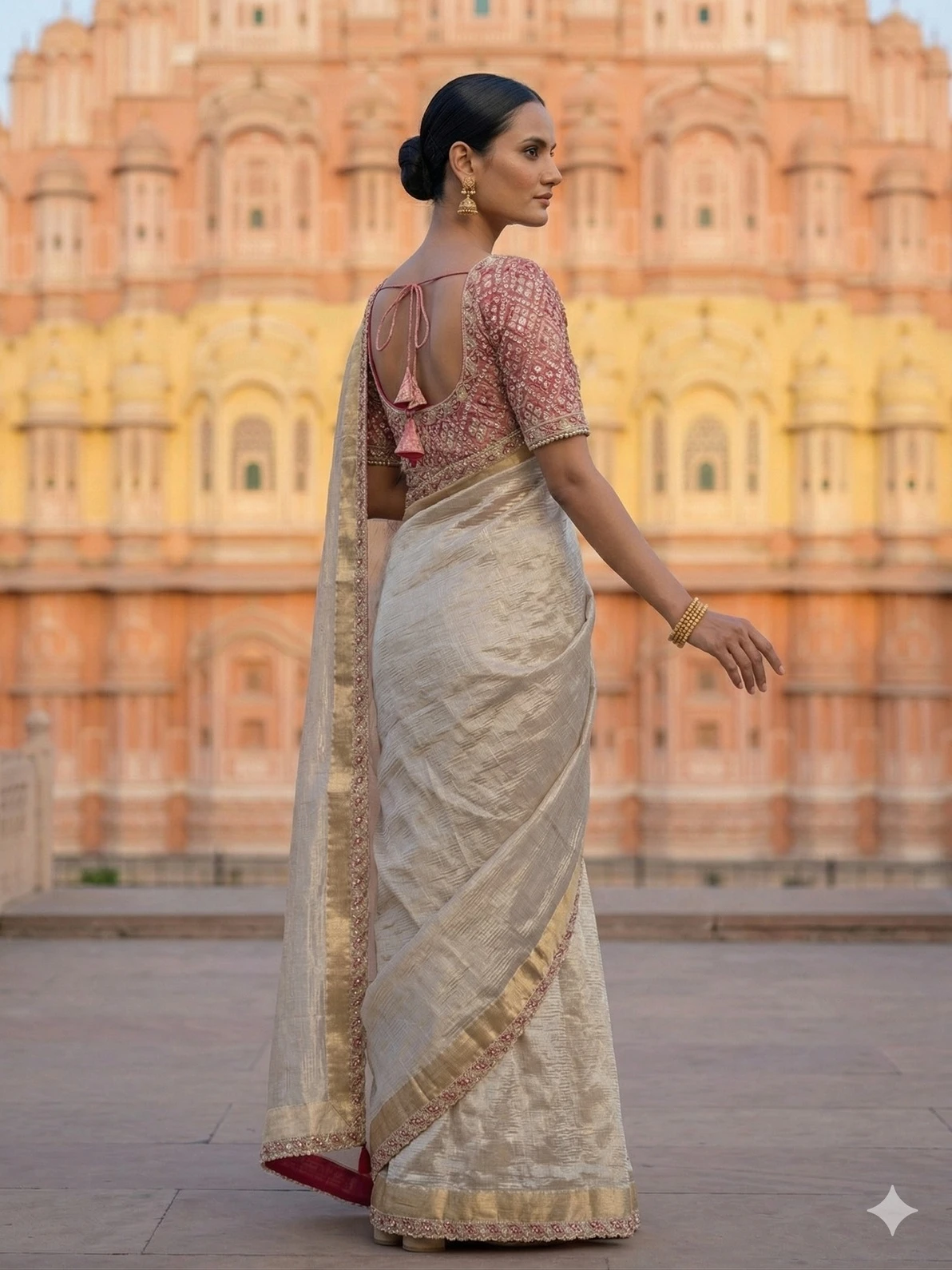 Elegant Champagne Gold Tissue Silk Saree with Pink Embroidered Border — Pink