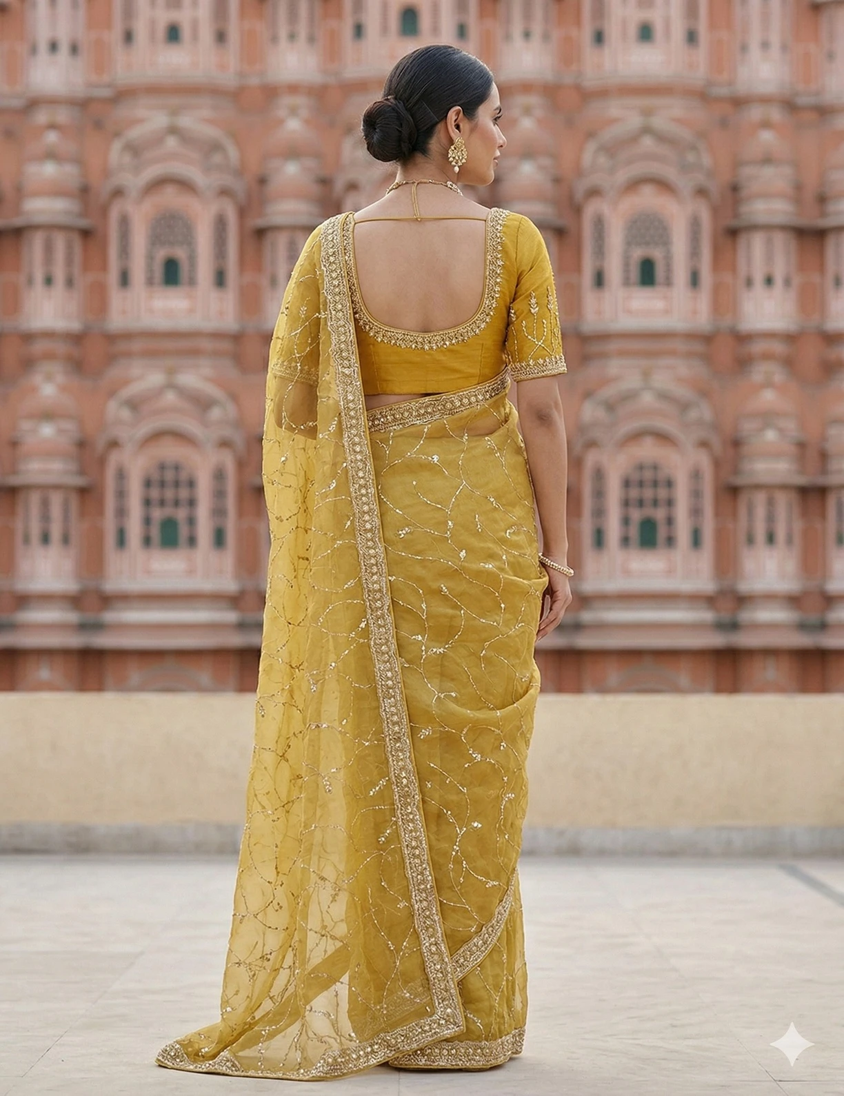 Elegant Mustard Yellow Tissue Silk Saree with Sequins Embroidered Border — Gold