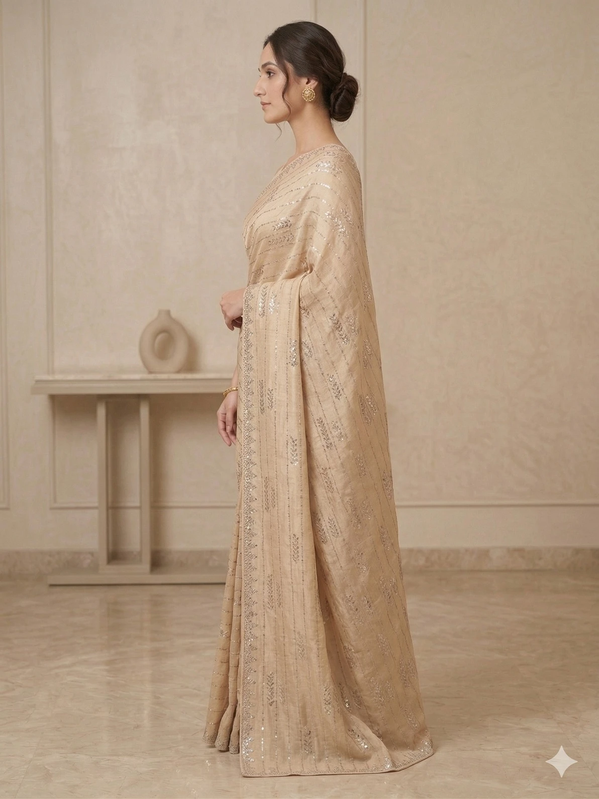 Elegant Beige Silk Chiffon Saree with Subtle Woven Detailing — Champagne