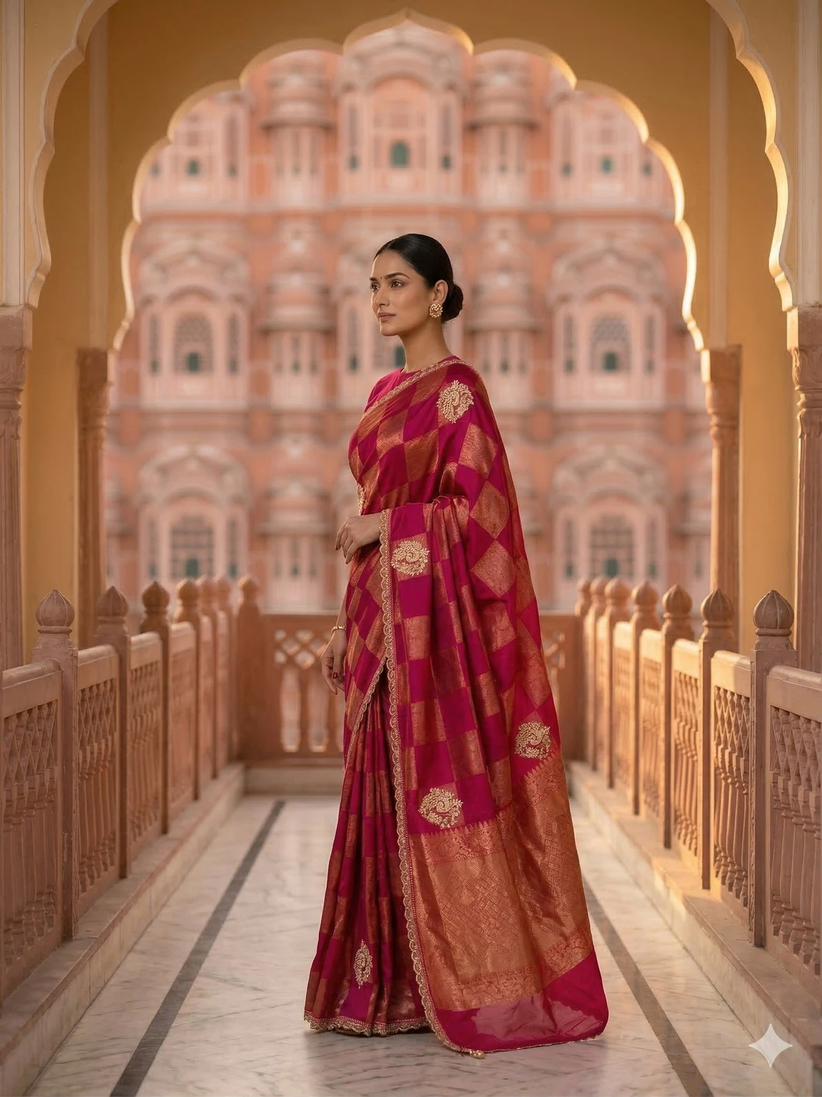 Royal Rani Pink Gajji Silk Saree with Gold Zari Check Pattern — Rani
